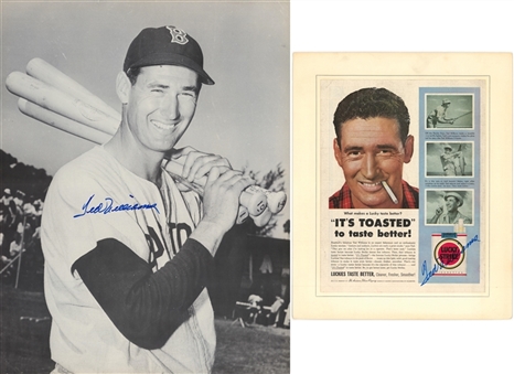 Lot of (2) Ted Williams Signed Flats Including a 16x20 Photo and Lucky Strike Ad (Beckett)
